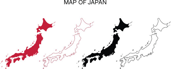 Map of Japan in red black and outline asia country