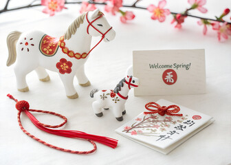 White Floral Spring Horse Figurine Welcome Spring Red Tassel Ornament Set horse, figurine, spring, welcome, floral, white, red, tassel, ornament, decoration, cherryblossom, branch, chinese, japanese, 