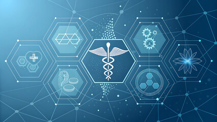 Abstract Medical Technology Background with Caduceus Symbol, Health Icons and Network Connections