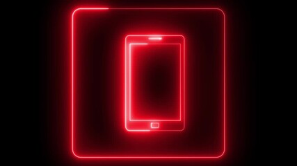 Red neon outline animation of a tablet device nested within expanding rounded rectangles on a black background, digital communication, mobile technology, data processing, or modern interface - Powered by Adobe