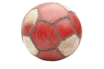 Vintage Football Red and White Leather Soccer Ball Textured Weathered Hand Stitched Authentic on transparent background