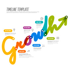 Timeline infographic uses the word "growth" to illustrate a timeline process. This colorful timeline infographic features an upward curving arrow, perfect for showcasing business growth.