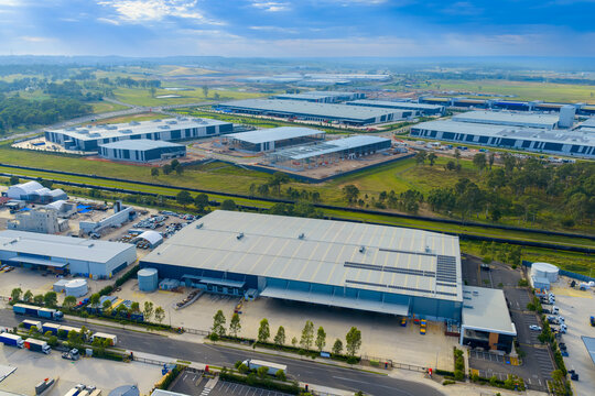 Drone aerial photograph of buildings in the large and growing industrial precinct of Kemps Creek in Western Sydney in New South Wales, Australia.