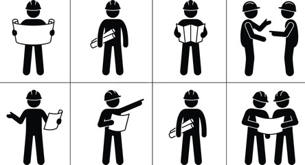 Construction worker pictogram set showing planning reading blueprints discussion teamwork coordination isolated black silhouettes on white background