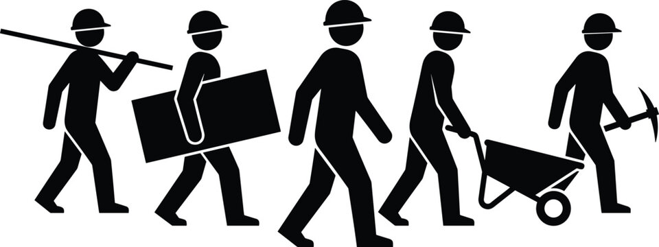 Construction worker pictogram set showing laborers carrying materials walking with wheelbarrow and tools isolated silhouettes