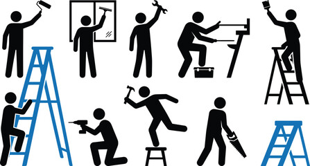Construction worker pictogram set showing home repair renovation tasks with ladders tools painting drilling isolated silhouettes © MstNilufar