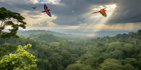 Parrots flying over dense tropical rainforest canopy, vibrant natural colors, cinematic wide shot, sunlight breaking through clouds, National Geographic style