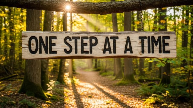 Inspirational wooden sign saying One Step At A Time in forest
