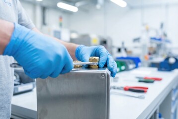 Worker repairs equipment at a manufacturing facility using a wrench for precise adjustments during a busy workday in the afternoon