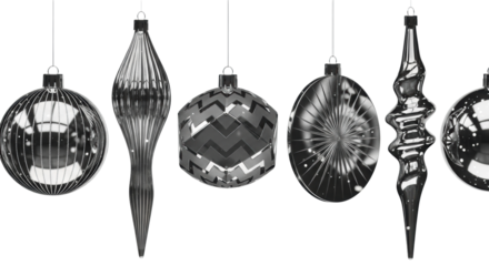 a row of five highly polished silver metal christmas ornaments (sphere, octahedron, disc) with intricate patterns suspended on a transparent, shadowless high-key background, modern holiday luxury