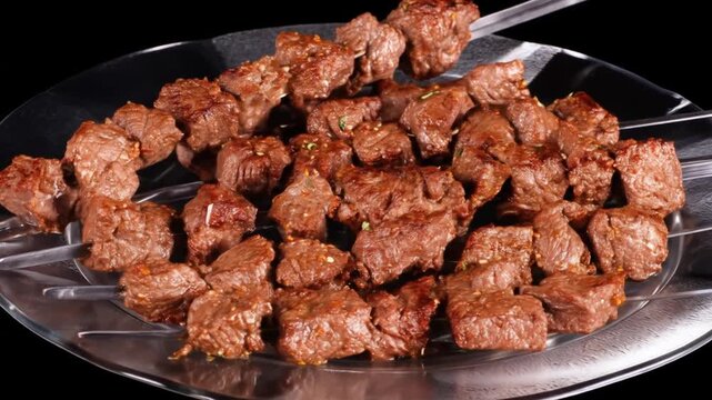 Grilled meat skewers on metal tray overhead shot isolated