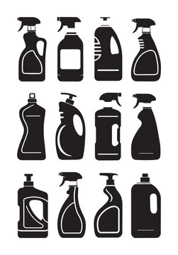 Black and white cleaning product bottles and sprayers products