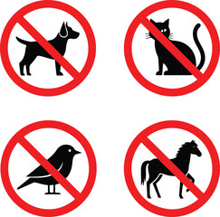 Animals prohibited icon set showing banned dog cat bird and horse symbols inside red forbidden circles no animals allowed signage