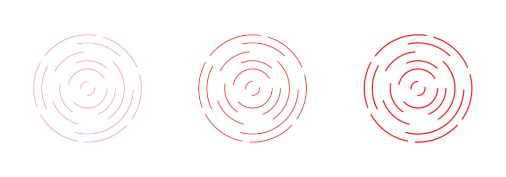 Concentric circles icon set. Set of circular ripple icons. Concentric circles with broken lines isolated on white background. Vortex, sonar wave, soundwave, sunburst, signal signs. Linear set of radar