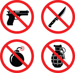 Weapons prohibited icon set showing banned gun knife bomb and explosive symbols inside red forbidden circles no weapons allowed safety signage