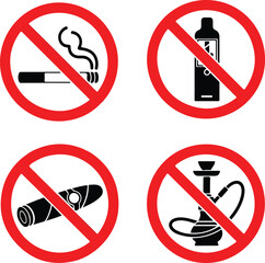 Smoking and vaping prohibition icon set showing banned cigarette e-cigarette cigar and hookah symbols inside red forbidden circles public health warning