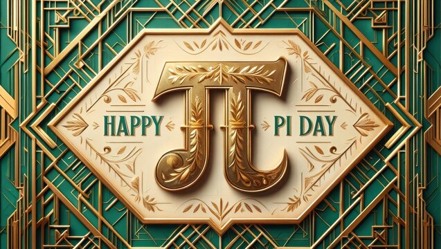 Happy pi day greeting card with gold and green design elements
