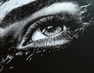 Dramatic charcoal sketch of eye with heavy shading and sharp lashes on black