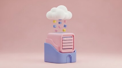 Obraz premium Cute computer server with cloud storage and colorful data blocks floating out