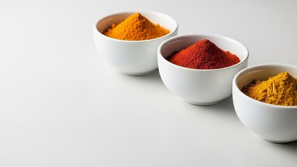 Three white bowls with colorful powdered spices for cooking. Bright assortment of aromatic condiments. Ingredient selection for food preparation.
