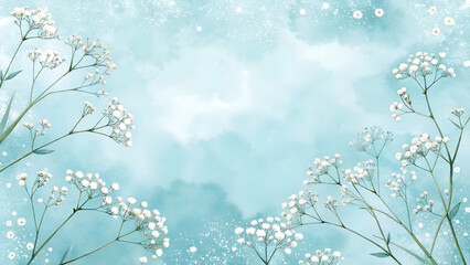 "Pale sky blue watercolor background with baby&rsquo;s breath flowers in top and bottom corners, delicate and airy wedding theme"
