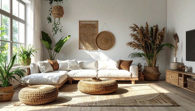 Helles Boho-Wohnzimmer mit Naturholz