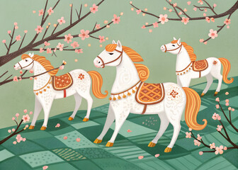 Cute Golden Dala Horse Trio Spring Cherry Blossom Illustration dala, horse, swedish, trio, golden, orange, saddle, floral, pattern, spring, cherryblossom, illustration, cute, kawaii, chibi,