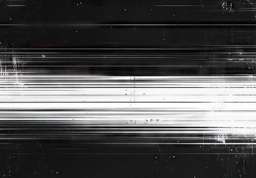 Abstract digital glitch art with horizontal white light streaks and scan lines on black background - Powered by Adobe