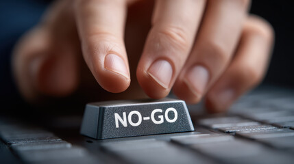 Decision choice risk finger keyboard control warning closeup human hand pressing no go key warning of risky decision and danger consequence