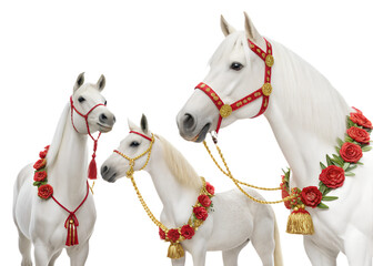White Horses Trio Red Gold Floral Garland Tassel Bell Ornament Japanese Figurine Statue horses, trio, whitehorses, redgarland, goldchain, floral, roses, tassel, bell, ornament, figurine, statue