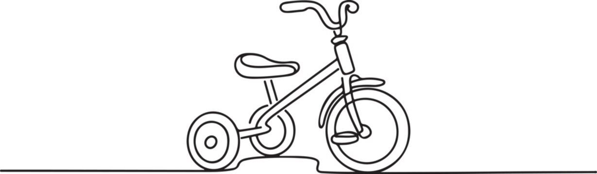 Single one line drawing kids tricycle. Children tricycle transportation.one line vector illustration with out background