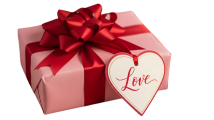Valentine's day gift box with red bow and heart shaped love tag isolated on transparent background