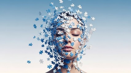Woman with puzzle pieces floating around her face in blue tones