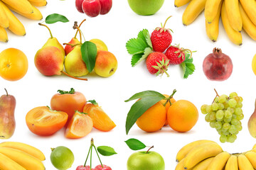 Seamless Pattern. Assorted Fresh Fruits Isolated on White Including Bananas, Persimmons, Pears, Oranges, Grapes, Apples, Cherries, Strawberries and Pomegranate in a Clean Studio Composition