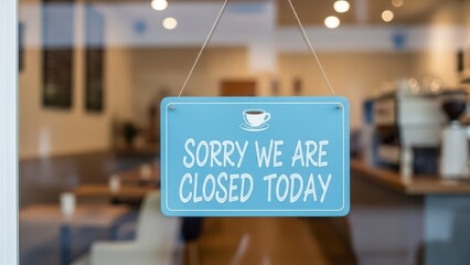 Closed cafe sign on a glass door with a blurred interior background