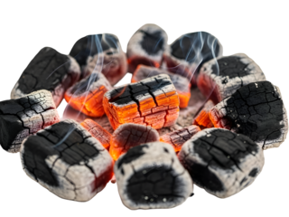 Hot Glowing Charcoal Briquettes with Smoke for Barbecue Grill Isolated on Transparent Background Iso