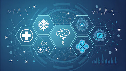 Abstract Healthcare Technology Network with Brain, DNA, and Heartbeat Icons