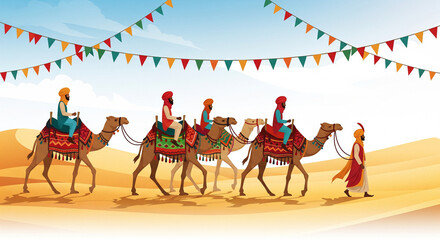 Watercolor illustration of a camel caravan with riders for jaisalmer desert celebration