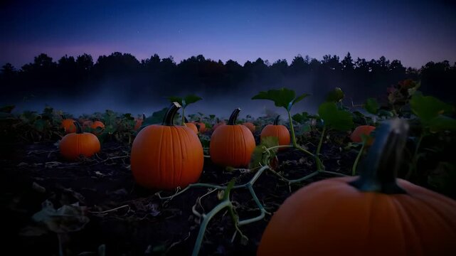 Spooky pumpkin patch at twilight with mist, camera glides through fields of ripe orange pumpkins, perfect for Halloween, autumn, harvest, or eerie nature scenes.