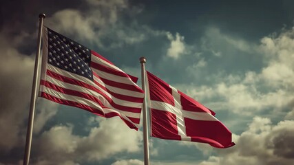 Cultural exchange celebration usa and denmark flags flying together outdoor event dramatic cloudy sky global unity