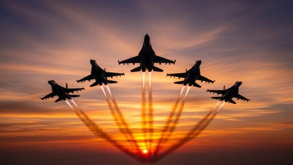 Fighter jets soaring through vibrant sunset sky with contrails