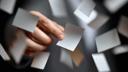 Hand choosing note paper card selection focus blur priority concept, business decision metaphor dynamic movement modern corporate scene