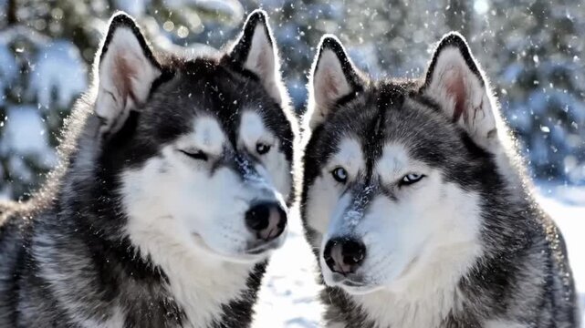 Two huskies in a snowy landscape