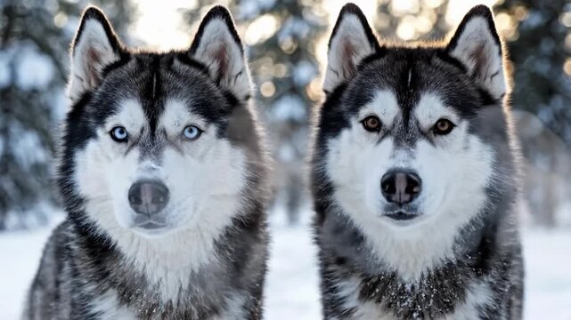 Two beautiful huskies in a snowy landscape