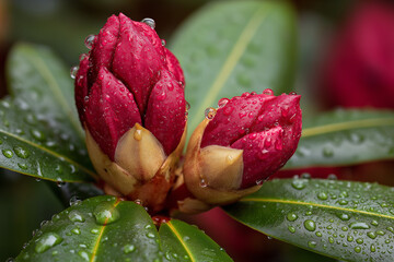 Close-up of red rhododendron buds with green leaves and water drops on them