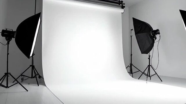 Bright photography studio setup with white backdrop, lights, and stands ready for shooting.
