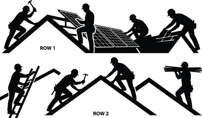 Roof construction worker silhouette set showing builders installing panels repairing rooftops teamwork labor isolated black figures © Tanjimul