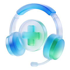 Medical headset with cross symbol, rendered as a glossy plastic 3d icon and isolated on transparent background. Healthcare assistance concept for telemedicine apps, online support platforms