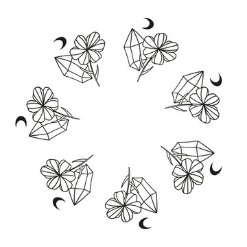 Cute round frame with hand drawn crystals, moon and flowers isolated on white background. Boho circle composition.