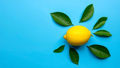 Bright Lemon and Green Leaves on a Blue Background.